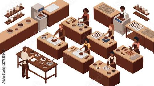 Chocolate Workshop Class Concept with Diverse Participants Making Sweets in Isometric Kitchen
