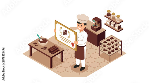 Chocolate Workshop Certificate Featuring Chef in Isometric Culinary Training Scene
