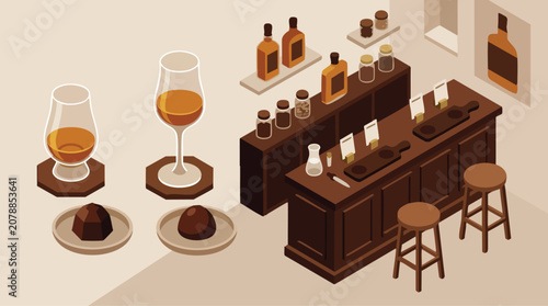 Whiskey Chocolate Pairing Tasting Room Illustration for Gourmet Bar Menu or Premium Pairing Experience
