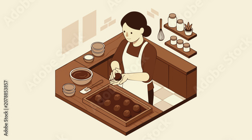 Chocolate Truffle Rolling Concept Isometric Bakery Kitchen Illustration for Dessert Branding