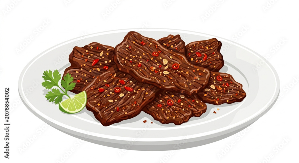 Obraz premium Grilled Beef Jerky with Chili and Lime on a Plate