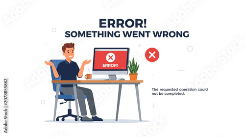 Tableau sur toile Confused Man Sitting at Desk with Computer Showing Error Message and Red Cross I