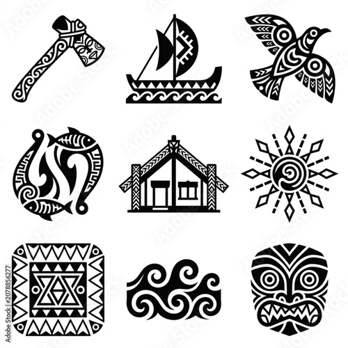 Φωτογραφία Collection of Maori cultural symbols and art designs.