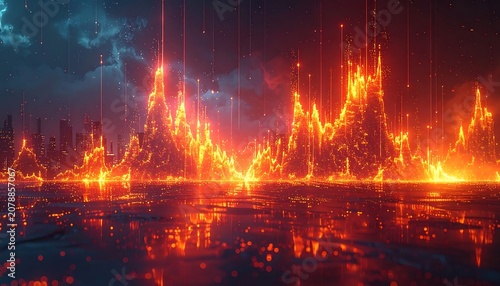 A vibrant cityscape at night with a fiery graph