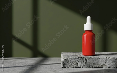 High Gloss Electric Red Porcelain Dropper Bottle Mockup on Raw Concrete