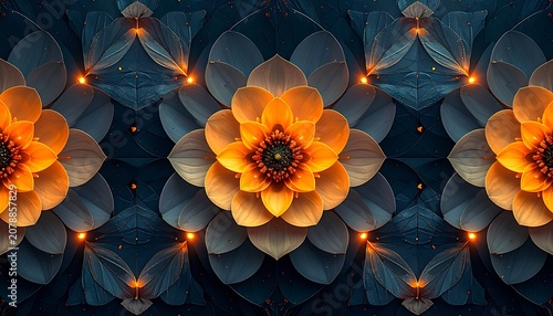 A vibrant floral pattern with orange flowers and dark blue background
