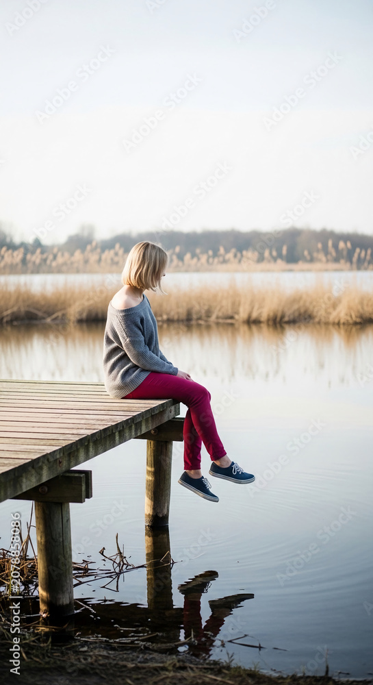 Fototapeta premium Woman on wooden pier looking at calm water, symbolizing reflection, peace, and nature connection, perfect for lifestyle or mental wellness concepts