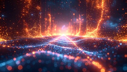 Crédence de cuisine Bordeaux A vibrant, futuristic digital landscape with glowing orange and blue lights  © Tzmen