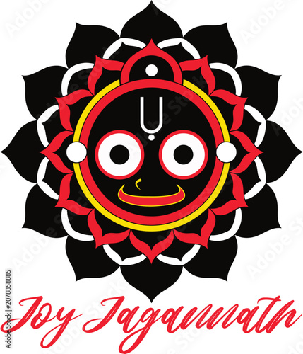 Joy Jagannath Typography with Lord Jagannath Face Mandala Vector Illustration | Hindu Religious Festival Design