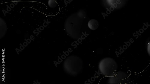 Abstract background features soft glowing light orbs floating against a deep black void with subtle swirls.