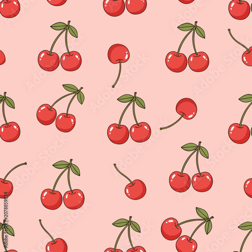 Colorful Cherry Background with Hand Illustrated Botanical Elements and Cute Aesthetic Style