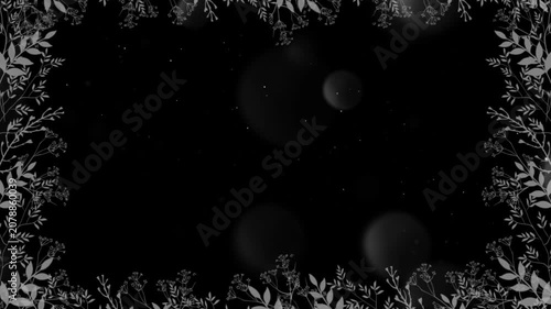 Monochromatic leaf frame displays intricate botanical patterns and delicate foliage silhouettes encircling a deep black center.