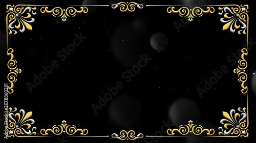 Ornate golden frame features intricate filigree scrolls and decorative fleur-de-lis corners on a dark backdrop with subtle light bokeh.