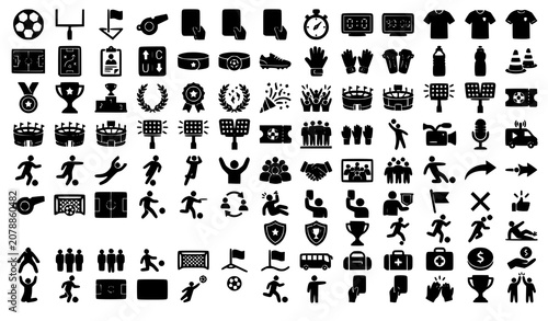 Football Tournament Silhouette Vector Icon Collection with Soccer Match Winner Award Stadium and Sports Symbols