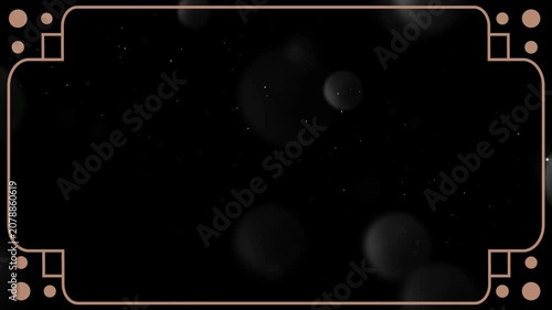 Frame border with geometric lines and circles features a minimalist design against a dark backdrop.
