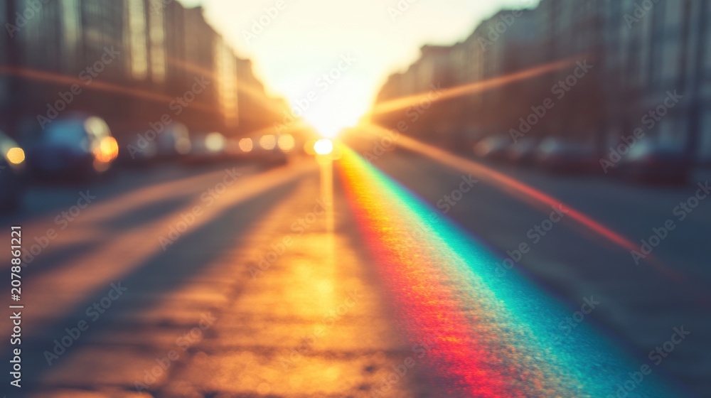 Fototapeta premium Golden sunlight streams down a city street, creating colorful reflections on asphalt as cars line the road during evening hours