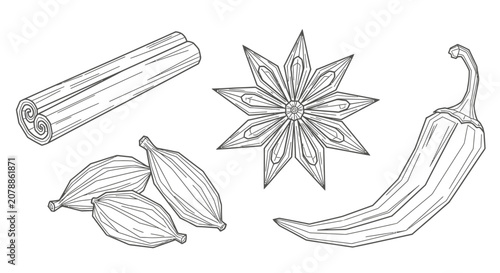 Konstfotografi A line drawing of various spice ingredients.