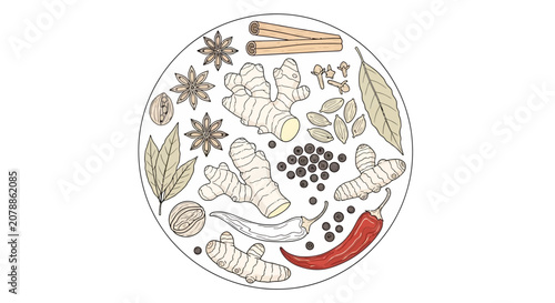 Photography A plate of various spices and herbs.