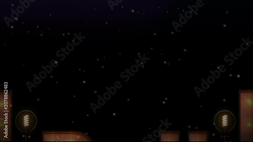 Light bulbs glow softly at the base of a dark stage filled with floating particles of golden dust.