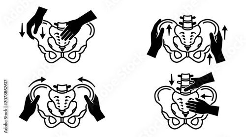 Foto Pelvic and sacral adjustment hand placement medical diagrams.