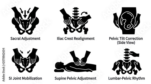 Pelvic realignment and sacral mobilization technique diagrams.