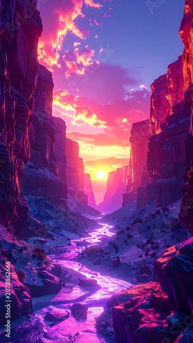 Vibrant canyon landscape with river and sunset