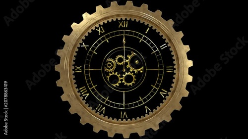 Gear clock displays Roman numerals in a golden mechanical design isolated on a deep black background.