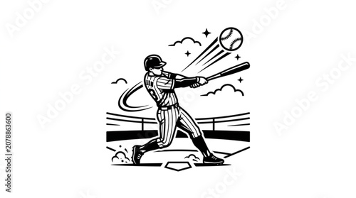 Foto Baseball player swinging bat hitting ball during game.
