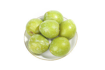 Fresh Green Plums on White Plate Studio Food Photography