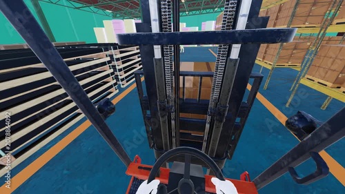 3D Forklift Driver POV Carrying High Cargo Obstruction Safe Stop Pedestrian