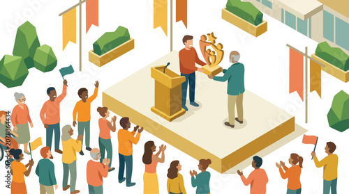 Community Member Receiving an Award on Outdoor Stage During Recognition Event Vector Illustration