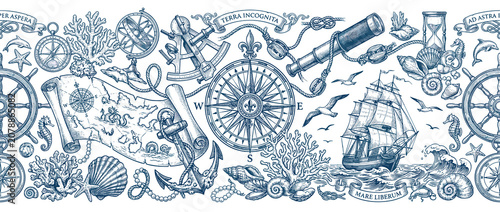 Nautical themed illustration featuring ships, compasses, and sea elements  