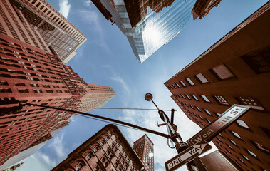USA, New York, New York City, Manhattan, Street corner, Signs 5th Avenue and West 45th Street, view from below