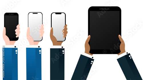 Bild auf Leinwand Hands holding smart phone and tablet, diverse skin tones, business attire, digit