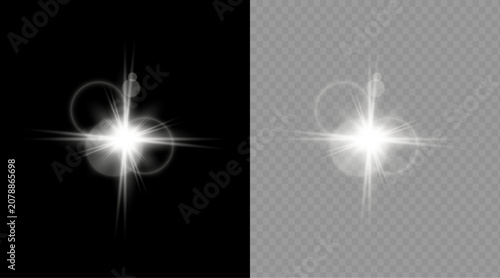 Light effect glowing white starburst on black and transparent backgrounds