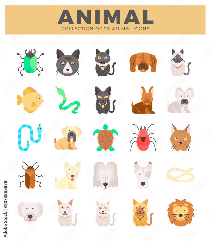 Fototapeta premium 25 flat animal icon collection on white background. Various domestic and wild animals. pets. insects. reptiles. fish.