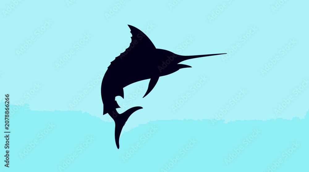 Fototapeta premium Silhouette Marlin Jumping Ocean Water Blue Background