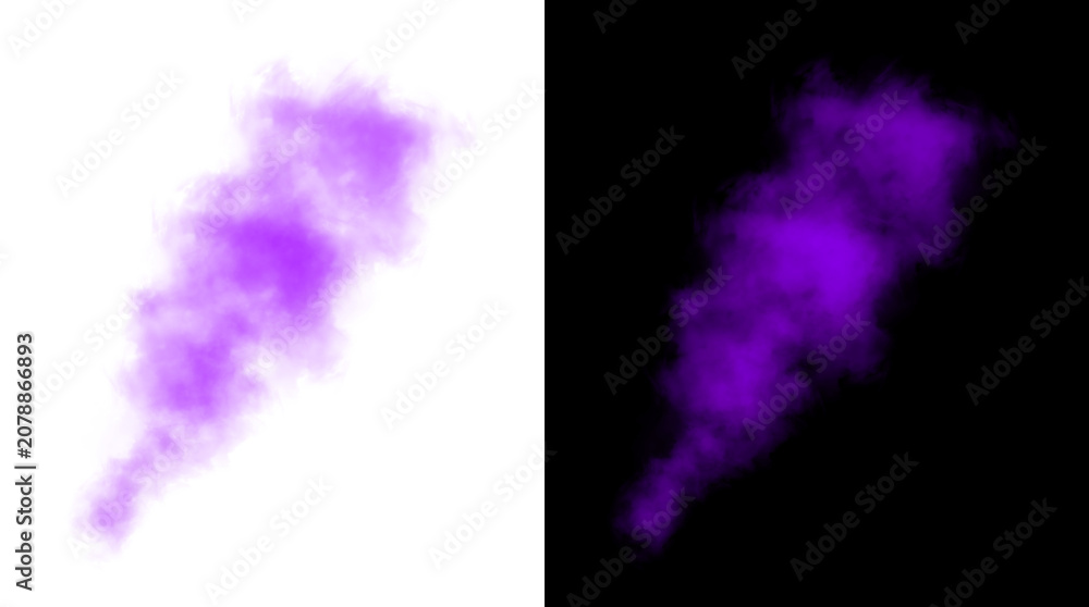 Fototapeta premium Purple thick smoke puff isolated on transparent background with soft alpha channel for visual effects design element for game animation and motion graphics.