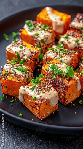 Roasted sweet potato cubes topped with creamy tahini sauce and sprinkled with sesame seeds and fresh herbs on a dark plate, reflecting plant-based eating.