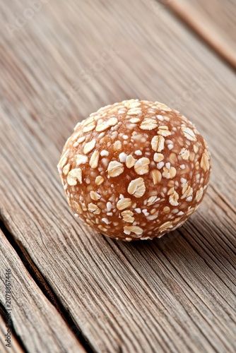 Healthy oat energy ball on rustic wood surface, simple plant based food preparation.