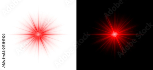 Foto Red glowing star lens flare light effect with transparency and black background high resolution realistic vector starburst sparkle element graphic