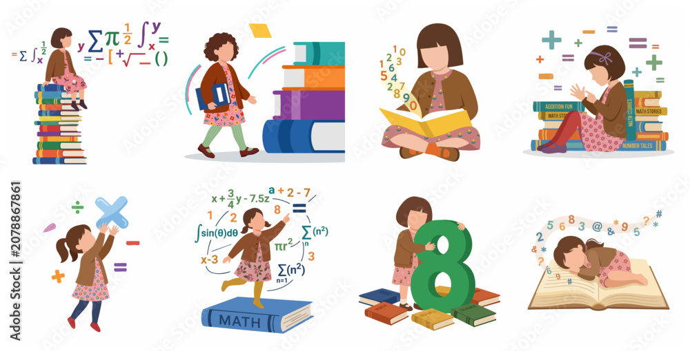Fototapeta premium Set of illustrations featuring a young girl learning mathematics and reading books