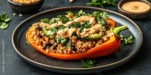 Orange pepper stuffed with quinoa and beans, topped with sauce and herbs, served on a dark plate.