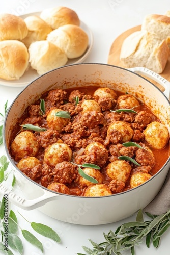 Savory meatballs with eggs simmered in rich tomato sauce, garnished with fresh sage leaves, served with bread rolls on a white table.