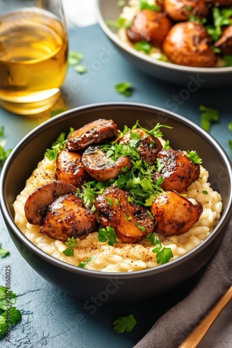 Creamy rice topped with savory glazed mushrooms and fresh green herbs, presented in a dark bowl with a glass of golden liquid.