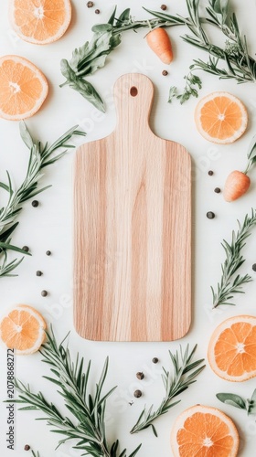 Wooden cutting board surrounded by fresh citrus slices, herbs, and peppercorns for healthy food preparation.