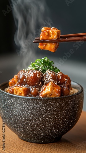 Steaming tofu in savory sauce lifted by chopsticks over a bowl of noodles, garnished with sesame seeds and green onions.
