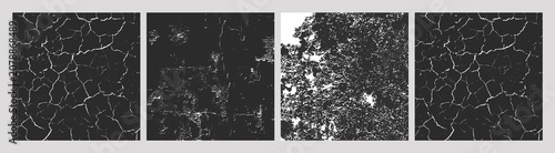 Set of four black-and-white textures cracked surface, distressed scratches, organic foliage, and weathered cracks, perfect for grunge design, backgrounds