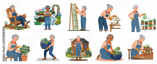 Fotografie Set of Active Senior Women Gardening and Enjoying Outdoor Leisure Activities, Fl