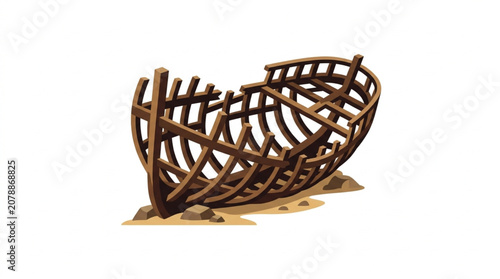 Ancient wooden shipwreck skeleton on sandy beach.